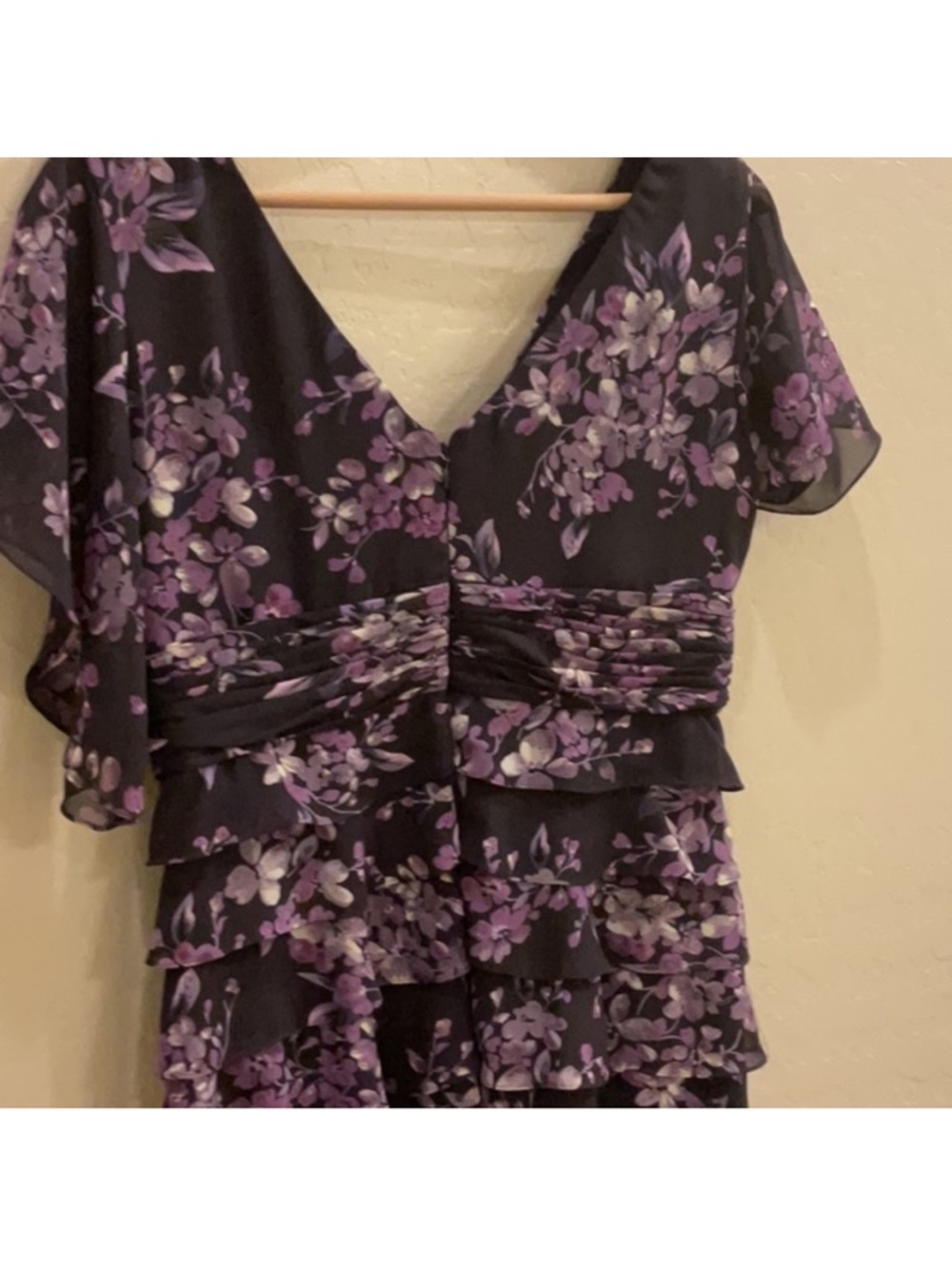 Arianna Flutter Sleeve Floral Wrap Midi Dress in Black and Purple - Picture 4 of 4